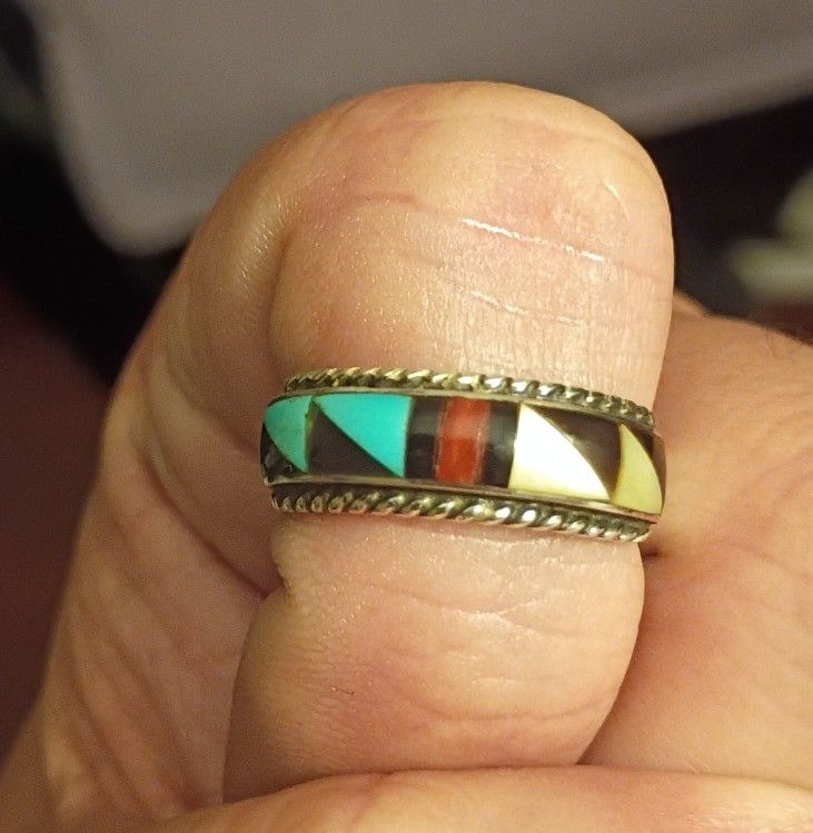 Native American Zuni Inlay Ring 925 Sterling Silver Signed