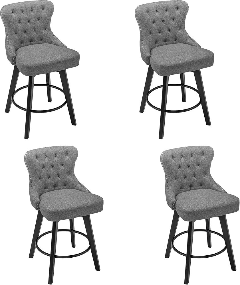 Set of 4 Fabric Swivel Counter Stools, 26” Bar Stools with Nailhead and Back, Bar Stools with Solid Wood Legs