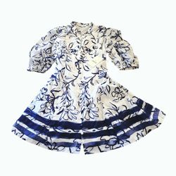 Cece Floral Belted Cotton Shirtdress SZ 14 Flowers Blue White Mosaic Sky Dress