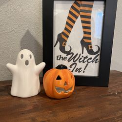 Pottery Barn “ The Witch Is In “ Framed Art And 2 Halloween Votive Holders