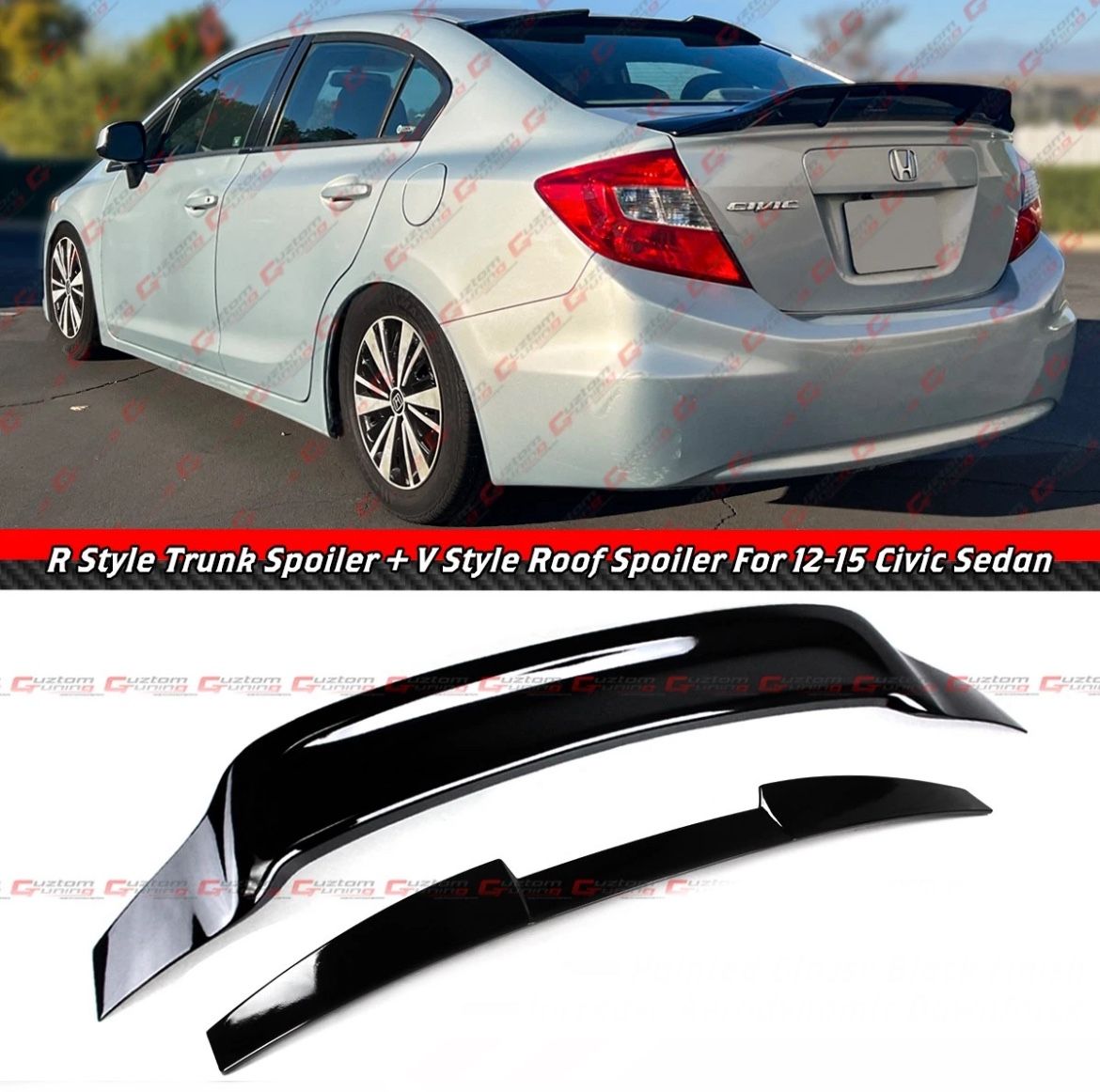 12-15 Honda Civic Sedan Gloss Black Rear Trunk Spoiler + Roof Spoiler