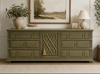 Vintage Sage Green Buffet, Credenza, Dresser with Brass Hardware
