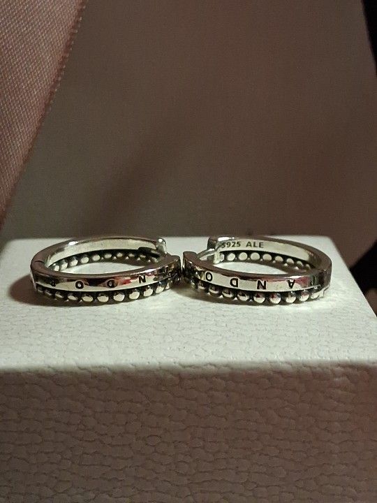 Pandora Authentic New Sterling Silver Signature Beaded Hoop Earrings