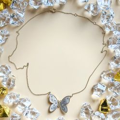 Diamond Butterfly With Mother Of Pearl Necklace 14K Yellow Gold
