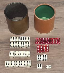 🎲 30 Dice (white/red in various sizes) + 2 Leather Dice Cups