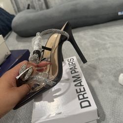 Women's Double Bowknots Crystal Sandals Clear Slingback Heels Square Toe Shoes for Party Wedding