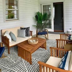 Outdoor patio teak wood couch with chairs and coffee table