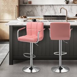 Swivel Bar Stools Set of 2 Modern Square Padded Back PU Leather Adjustable Barstools with Chorn Base for Home Kitchen Chair, Pink