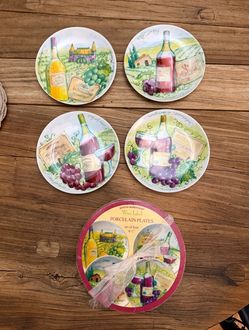 New set of 4 porcelain plates 6.5” Boston Warehouse Wine Label