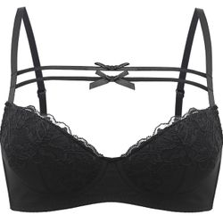 Large size Women's Black Floral Lace Underwire Bra, Push-Up Bralette with Double Front Straps and Bow Accents