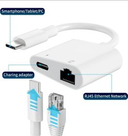 MFi Certified 2 in 1 USB C to RJ45 Ethernet LAN Network Adapter with 60W USB Type C Charge Port Compatible with iPhone 16/15 Tablet/Laptop and USB C D