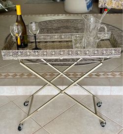 27”H Silver Metal Bar Cart Serving Table Accent Table