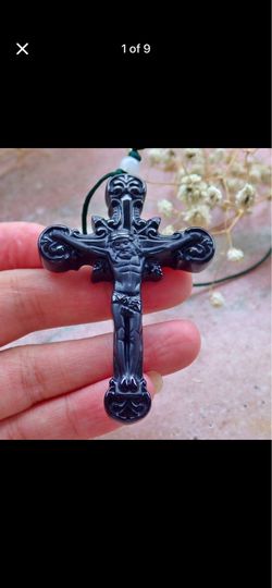 Certificate JADEITE Jade black Jesus Cross Pendant