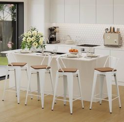 White Metal Bar Stools with Wood Seats Set of 4