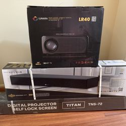 Brand New Home Theatre Bundle Projector, Soundbar, & Projector Screen