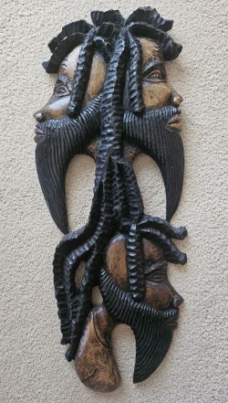 Hand‑Carved Multi‑Face Wooden Wall Art – 30” Sculpture