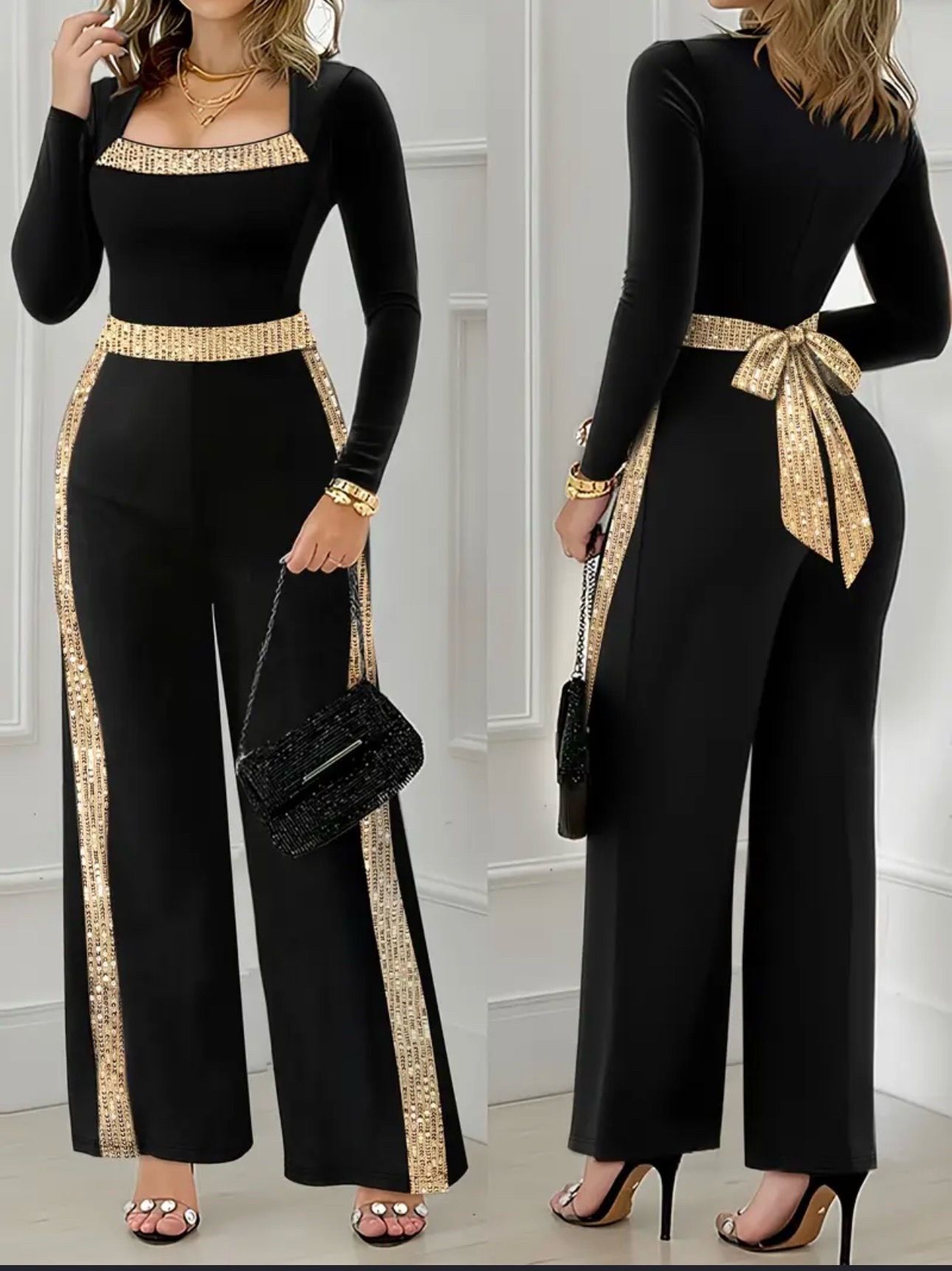 Sequins Spliced Jumpsuit Elegant Long Sleeve Color rose gold