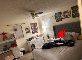 Queen Pillow top mattress, box spring, rails, Grey tufted headboard, sideboards & footboard.
