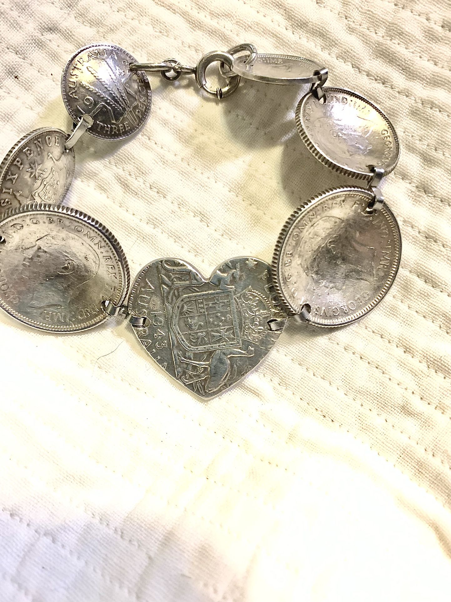 WWII Sterling Silver Australian Coin Sweetheart , Trench Art Bracelet
