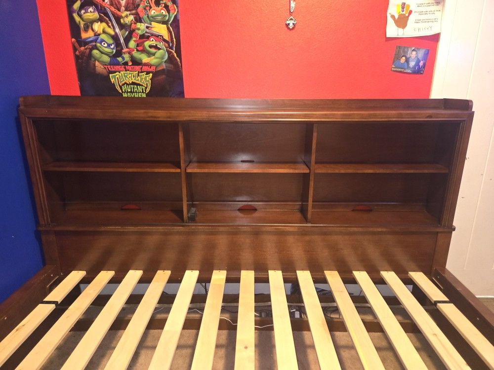 Beautiful Wood Full Size Captain Bed with Lighted Shelves And Drawer Storage