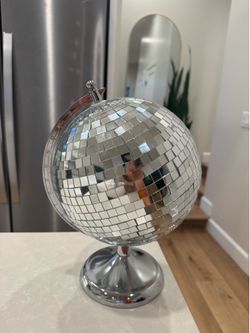 Disco Ball Globe Tabletop Decor – 8 Inch Large Mirror Sphere Sculpture with Metal Base, Retro Modern Decorative Accent for Home