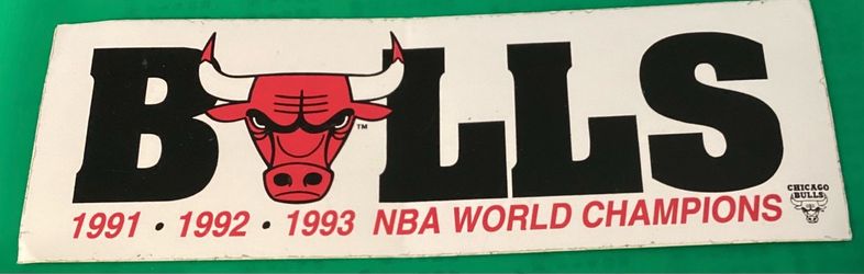 1(contact info removed) 1993 NBA WORLD CHAMPIONS THREE PEAT CHICAGO BULLS BUMPER STICKER $15