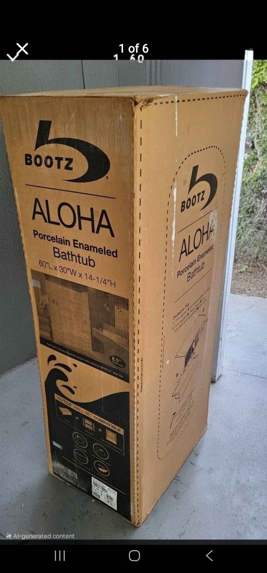 Brand new/unopened box Aloha 60 in. x 30 in with RIGH Drain . Alcove Soaking Bathtub White by Bootz