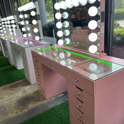 Pink Makeup Vanity with 13 Drawers and LED Mirror with Bluetooth Speaker 