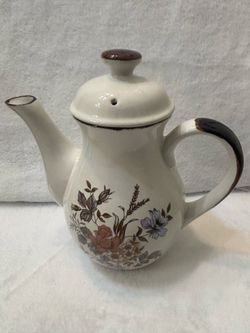 Vintage Floral Ceramic Teapot with Brown Trim
