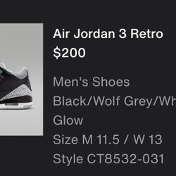 Air Jordan Retro 3 Size  11.5