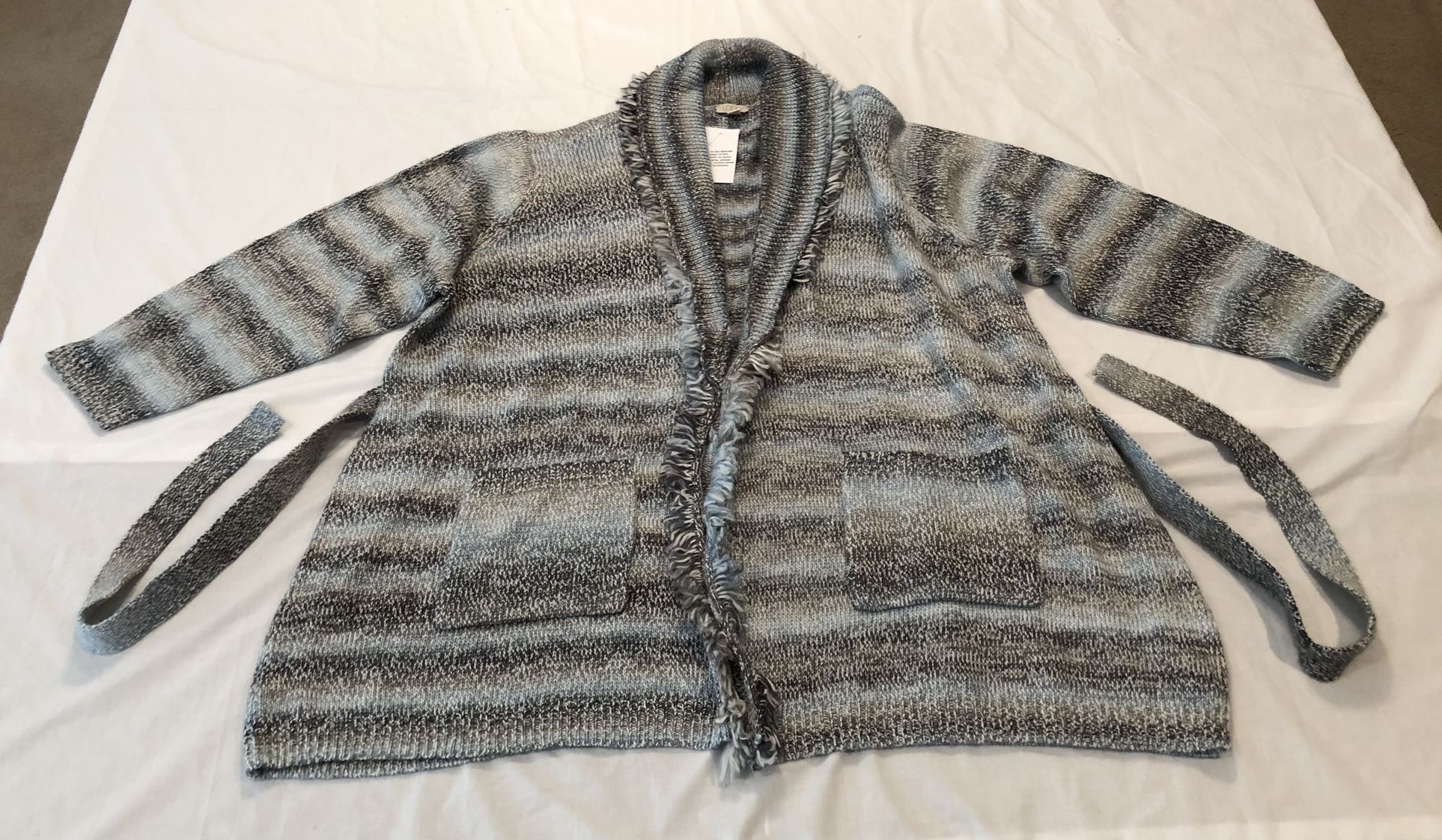 Women’s Blue & Gray LOGO By Lori Goldstein Shawl Collar Fringe Cardigan Sweater Size 3x