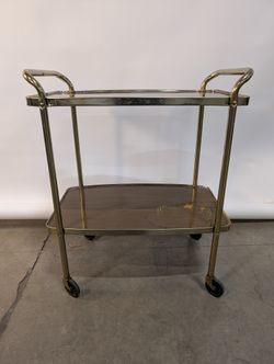 Vintage Mid-Century Modern Rolling Serving Cart with Wood Grain Shelves