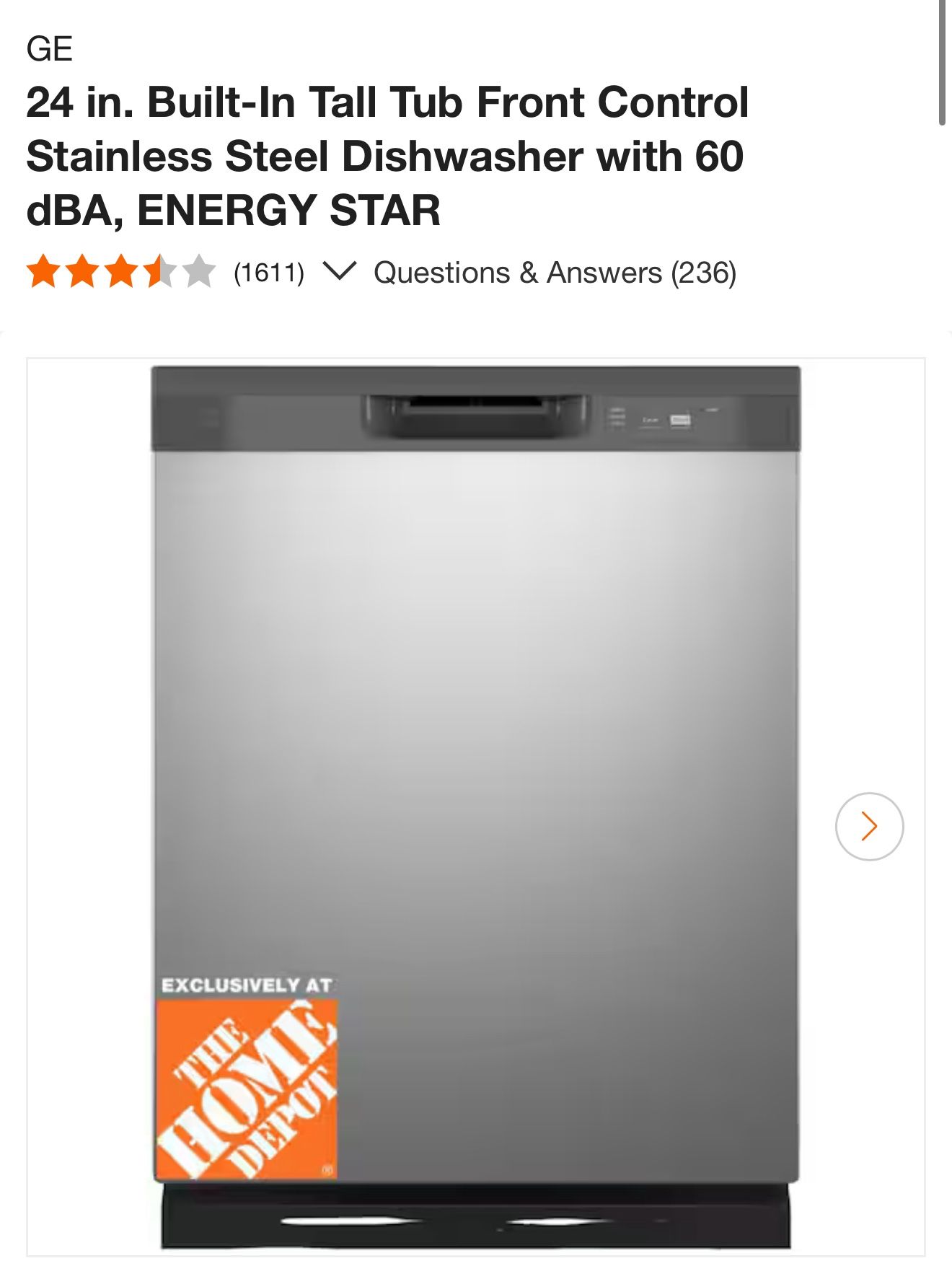 GE 24 in. Built-In Tall Tub Front Control Stainless Steel Dishwasher with 60 dBA, ENERGY STAR
