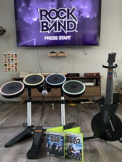 Xbox 360 Rock Band 1 & 2 Wireless band Kit Guitar Drums Mic Game Bundle Complete