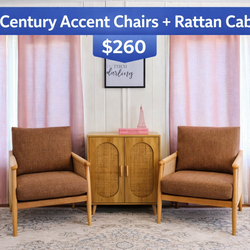 Mid Century Accent Chairs + Rattan Cabinet – 3 Piece Set