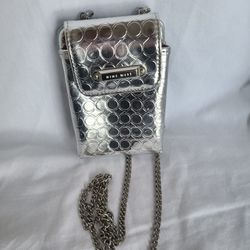 Nine West Mini Bag Purse Small Mini Silver Textured Card Wallet Travel Crossbody