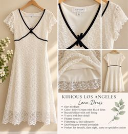 🤍 Cute Ivory Lace Dress w/ Black Trim – Size M