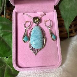 New, Magnificent  925 Sterling Silver Larimar, Amethyst, and Labradorite Pendant suspended on an SS 18inch chain with SS Larimar Drop Earrings.