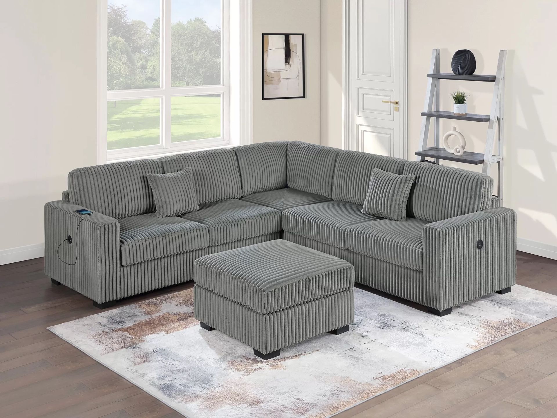 SMOKE FUR LIKE CORDUROY SECTIONAL WITH OTTOMAN 
