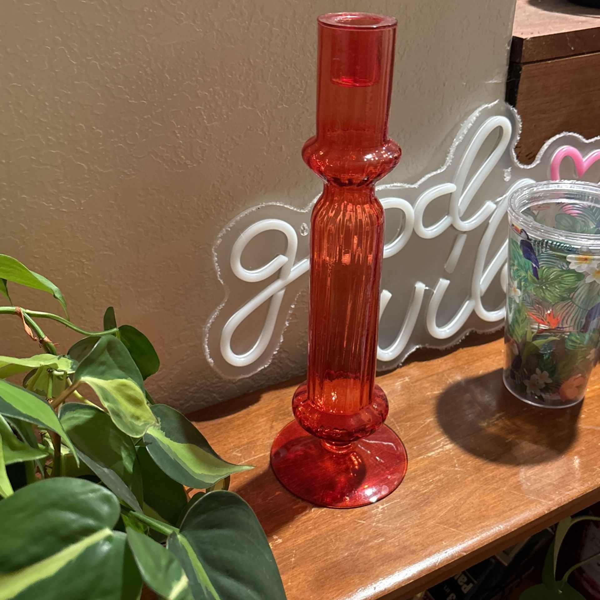 ORANGE BLOWN GLASS CANDLE HOLDER