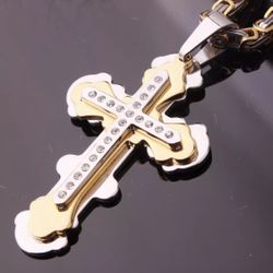 Silver Gold Tone Cross Pendant Men's Stainless Steel Chain Necklace 5mm Silver Gold Byzantine Box Chain