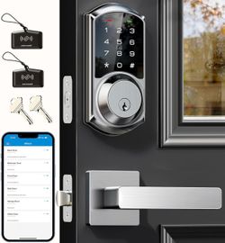 Veise VE06-L Smart Locks with 2 Lever Handle Set, App Control, Keyless Entry Deadbolt for Front Door, Electronic Digital Touchscreen Keypad, Auto Lock