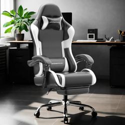 NEW Dowinx Fabric Ergonomic Computer Gaming Chair w/Pocket Spring Cushion, with Lumbar Support, Headrest & Footrest (Black & White)