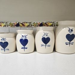 Stoneware Pottery Crock Canister Four Piece Set With Blue Heart Design