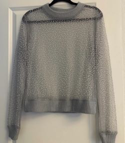 New Zara Gray Sheer Pearl Embellished Sweater – Size M
