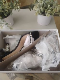 Black Satin Heels with Pearl Embellishment