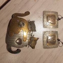 Kitty Brooch And Ear Rings