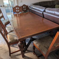 Large Vintage Ornate Carved Wood Dining Table w/ Leaf / 6 Chairs | ~3.5'x 5.5'-8.5ft | Refurbished