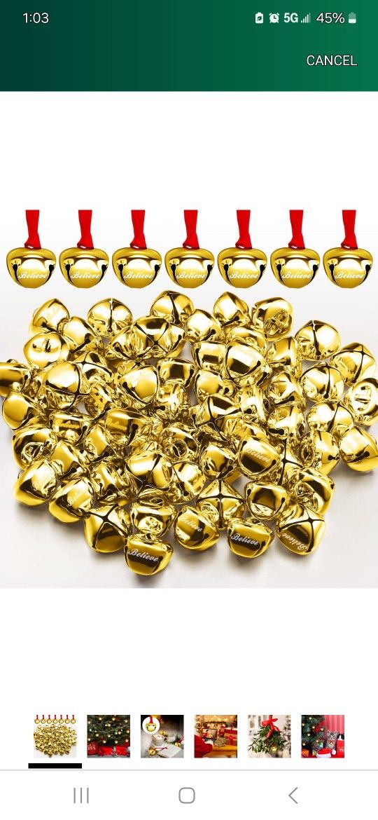 100 Pieces Christmas Believe Bell Ornaments Gifts Bulk Polar Bells Santa Sleigh Bells 1.5'' Tree Decorations Party Favors Art Crafts 
