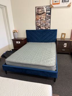 Navy Blue Velvet Upholstered Bed Frame